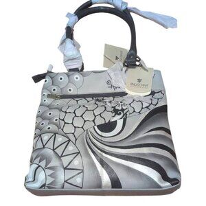 NWT ANUSCHKA Purse Patchwork Pewter Hand Painted Leather Purse with Top Zipper